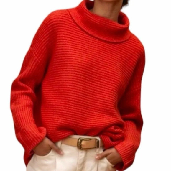 Pilcro Oversized Knit Cowl-Neck Sweater in Red/Orange Size X-Small - Picture 1 of 14